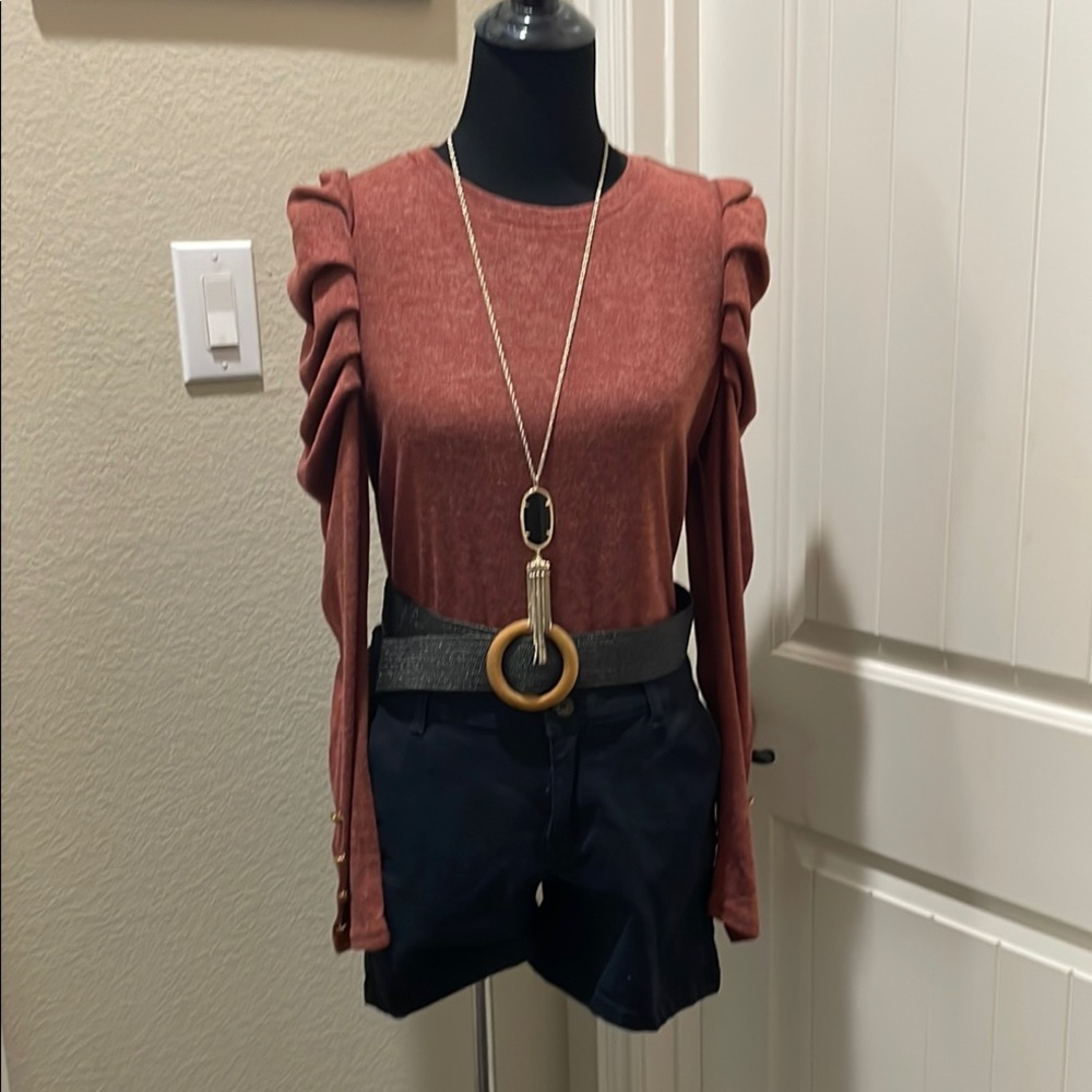 Rust Ruffled Blouse with Puff Sleeves